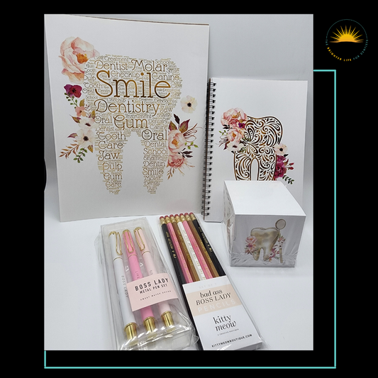 Gold and Rose Dental Desk Set with 8 x 10 print, 5 x 7 notepad, post-it cube, pack of Boss Lady Pens and pack of Bad Ass Boss Lady Pencils