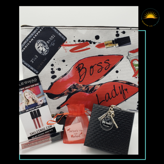 Boss Lady Gift: Includes a large clutch bag, SmileSwag lipstick, Badass dentist temporary tattoo and a dentist key chain