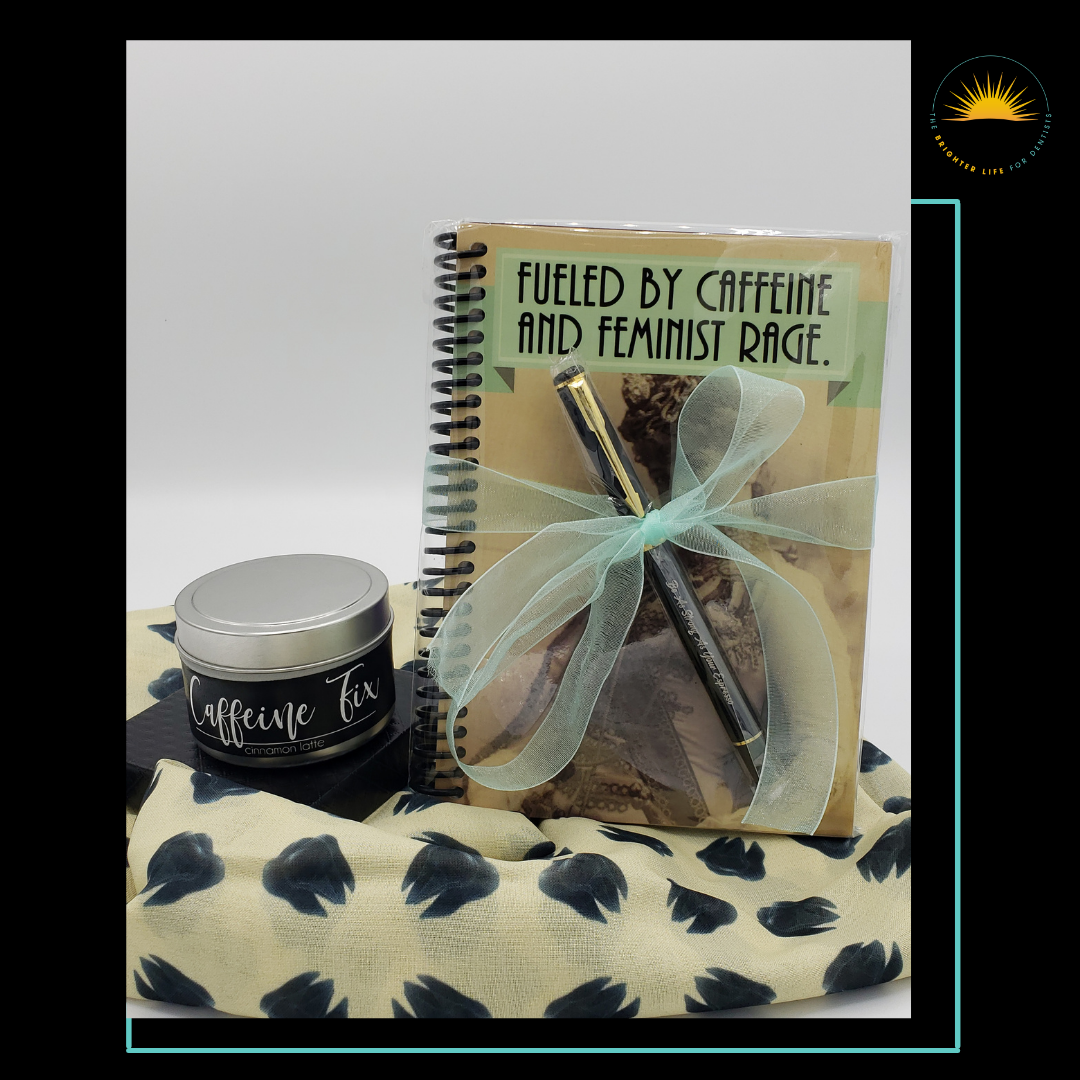 Keeping It Caffeinated Gift: Includes a cream colored tooth infinity fashion scarf, notebook and pen set and scented candle