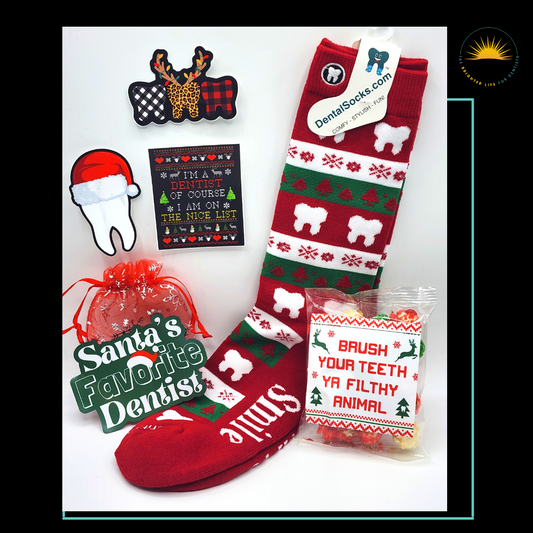Holiday socks, set of three stickers, Santa's favorite Dentist magnet and holiday popcorn sample gift