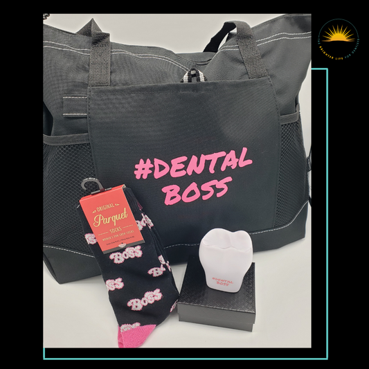 Dental Boss Gift: Includes a large tote, boss sock and #Dental Boss Babe tooth stress ball