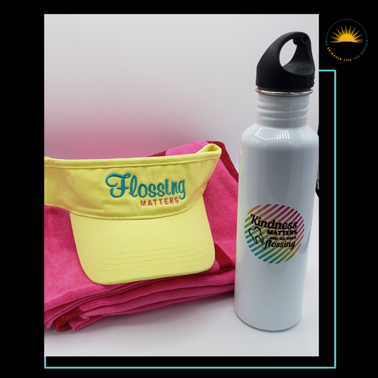 Dental Beach Gift: Includes an oversized beach towel with tooth print, Flossing Matters sun visor and coordinating water bottle