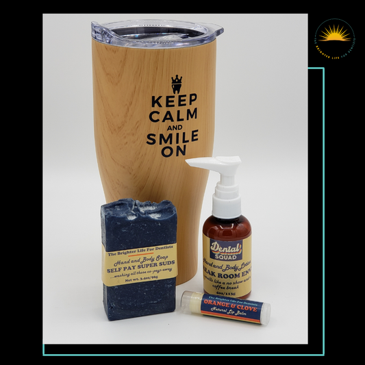 Keep Calm Dental Office Gift: Includes a large stainless steel tumbler and dental themed homemade soap, lotion and lip balm