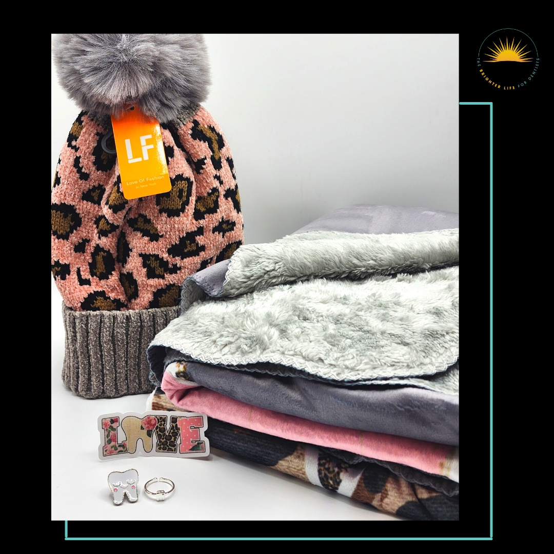 Oversized Soft LOVE Dental Blanket with matching sticker (blanket is a large version of the LOVE sticker), winter beanie with pom and tooth pin and ring