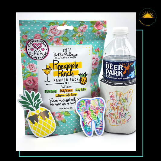 Pineapple Pamper Set with self-care items, pineapple tooth magnet and sticker and dental koozie (water not included)