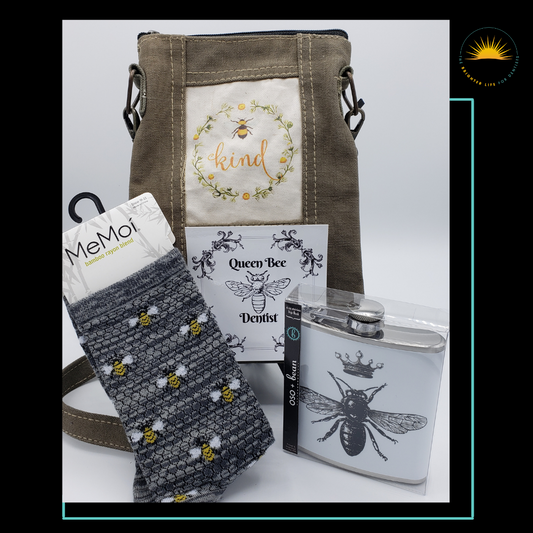 Queen Bee Gift: Includes a Bee Kind military crossover bag, bee socks, Queen Bee hip flask and Queen Bee Dentist vinyl decal