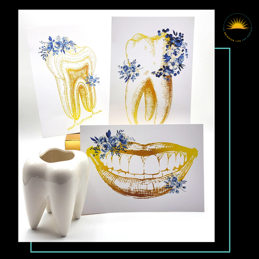 Molar Tooth ceramic Plant/Pen Holder and set of three 5x7 Dental Art Prints
