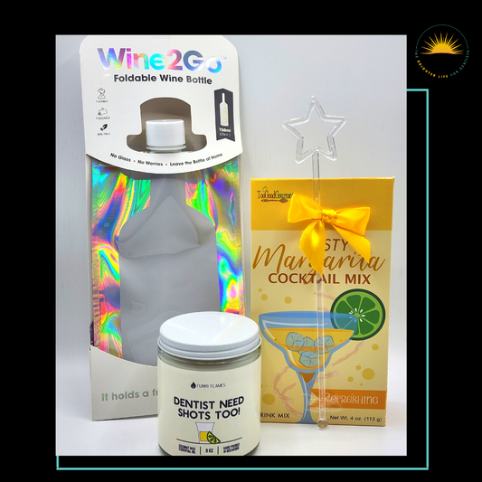 Foldable Wine Bottle, Margarita Mix and funny Dentist candle