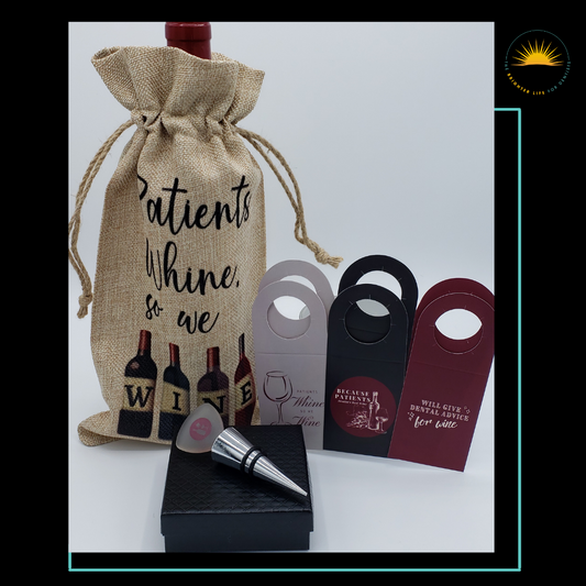 Dental Wine Gift: Includes a burlap wine bag, set of six custom wine tags and a dental wine stopper (alcohol not included)