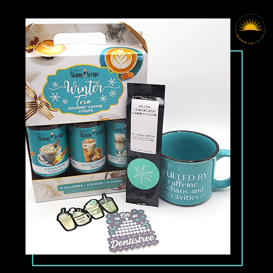 Dentist coffee set with mug, flavored syrups, cappuccino sample and dental stickers