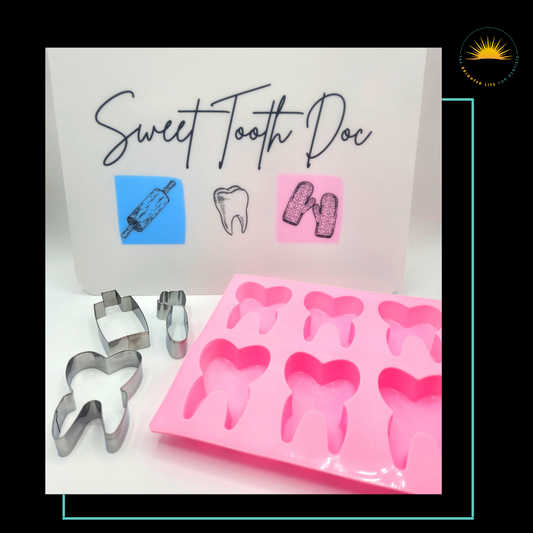 Dental Baking Set with Flexible Cutting Board, Silicone Tooth molds and set of three Dental Cookie Cutters